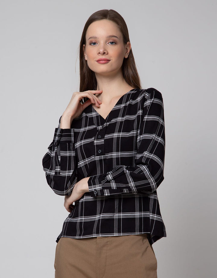 Connexion Long Sleeve Blouse Check Rayon Vn Top