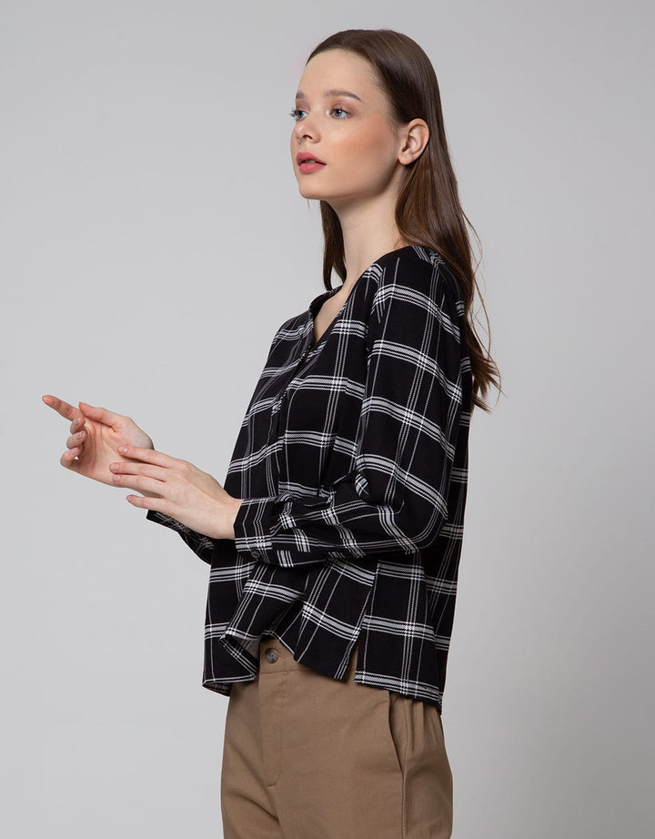 Connexion Long Sleeve Blouse Check Rayon Vn Top