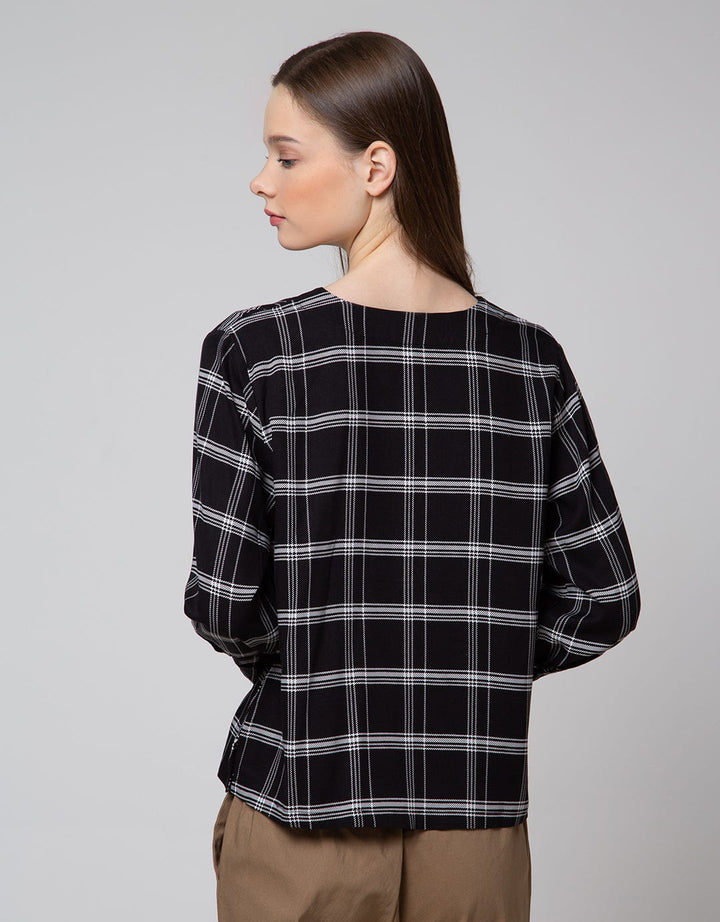 Connexion Long Sleeve Blouse Check Rayon Vn Top