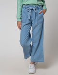 Nevada Denim Long Pants Wide Leg Ribbon Waist Patch Pockets
