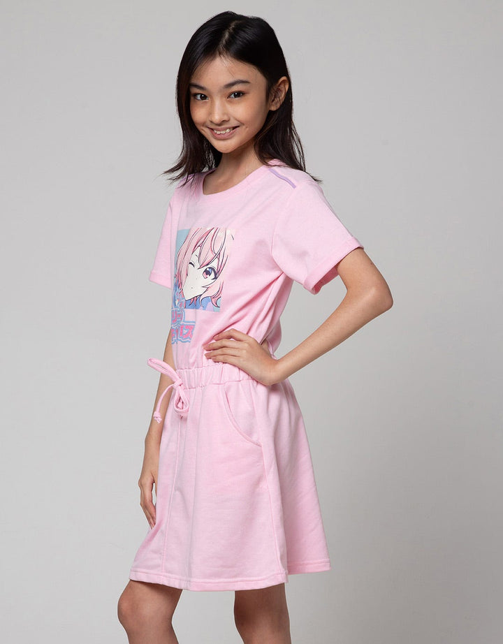 Nevada Short Sleeve Midi Dress Anime Girl Pinggang Serut