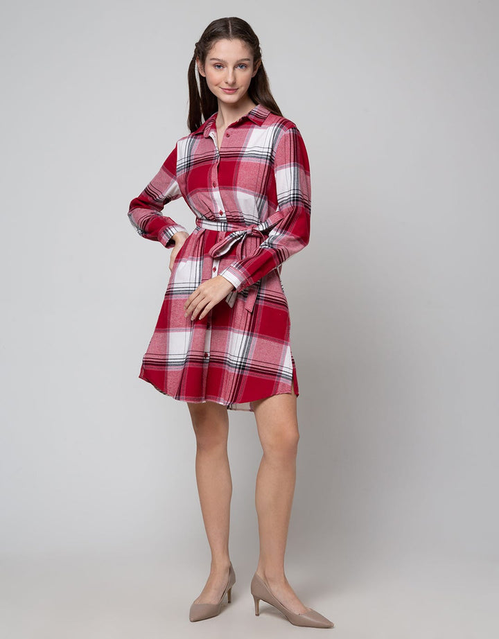 Connexion Long Sleeve Midi Dress Kotak Merah Sand1