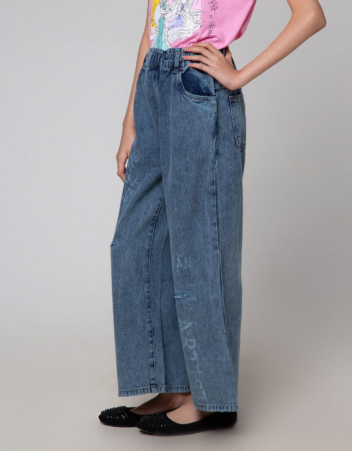 Nevada Denim Long Pants Wide Leg Destroyed With Grafitty