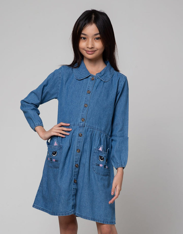 Aero Long Sleeve Midi Dress Cat Ear Embroidery Pockets