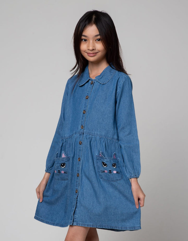 Aero Long Sleeve Midi Dress Cat Ear Embroidery Pockets