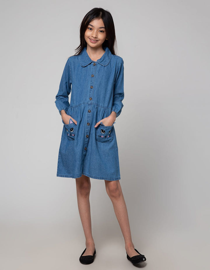 Aero Long Sleeve Midi Dress Cat Ear Embroidery Pockets