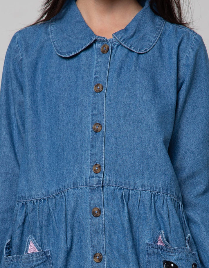 Aero Long Sleeve Midi Dress Cat Ear Embroidery Pockets