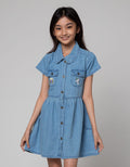 Aero Short Sleeve Midi Dress Denim Kantong Bordir Unicorn