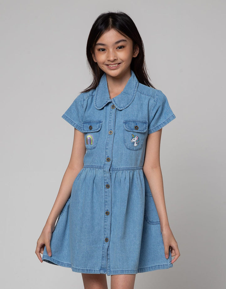 Aero Short Sleeve Midi Dress Denim Kantong Bordir Unicorn