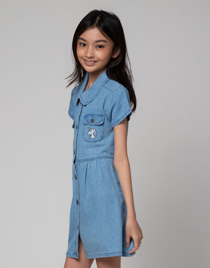 Aero Short Sleeve Midi Dress Denim Kantong Bordir Unicorn