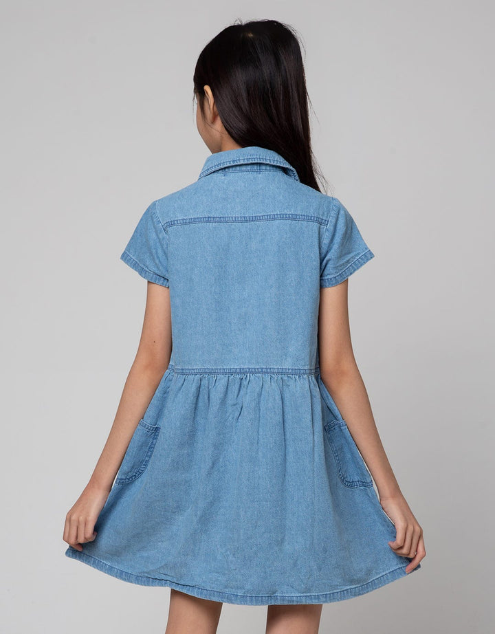 Aero Short Sleeve Midi Dress Denim Kantong Bordir Unicorn