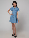 Aero Short Sleeve Midi Dress Denim Kantong Bordir Unicorn