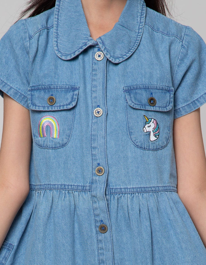 Aero Short Sleeve Midi Dress Denim Kantong Bordir Unicorn