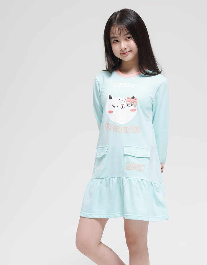 Aero Long Sleeve Midi Dress Pocket Animal Cat