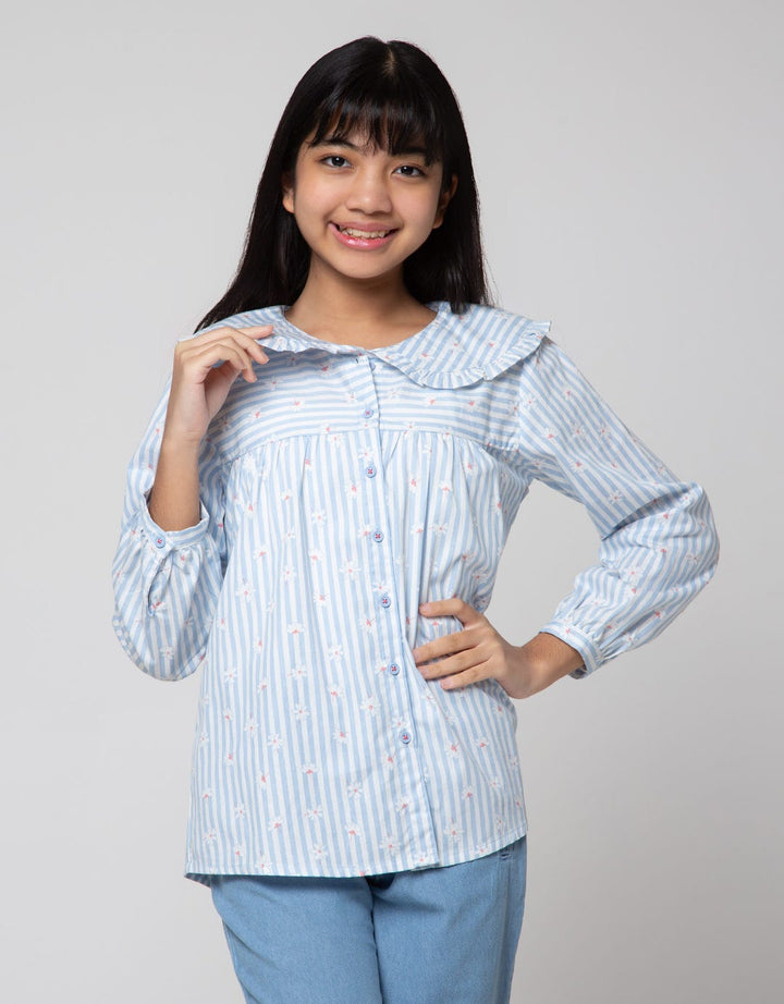 Nevada Long Sleeve Shirt Stripes And Flowers With Big Collar