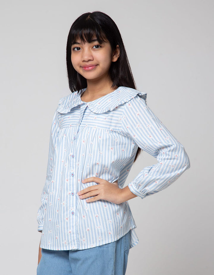 Nevada Long Sleeve Shirt Stripes And Flowers With Big Collar