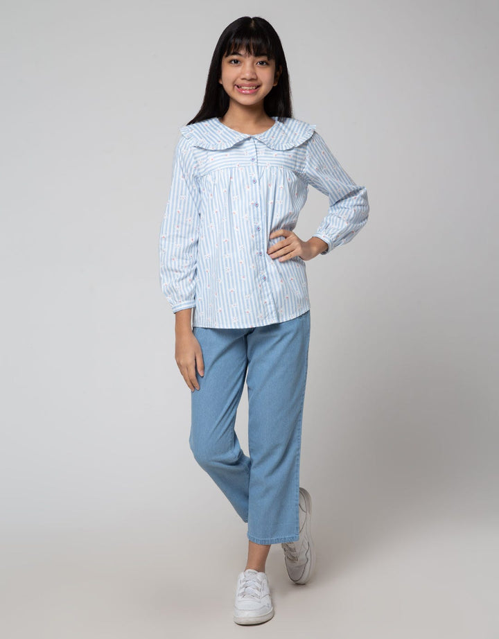 Nevada Long Sleeve Shirt Stripes And Flowers With Big Collar