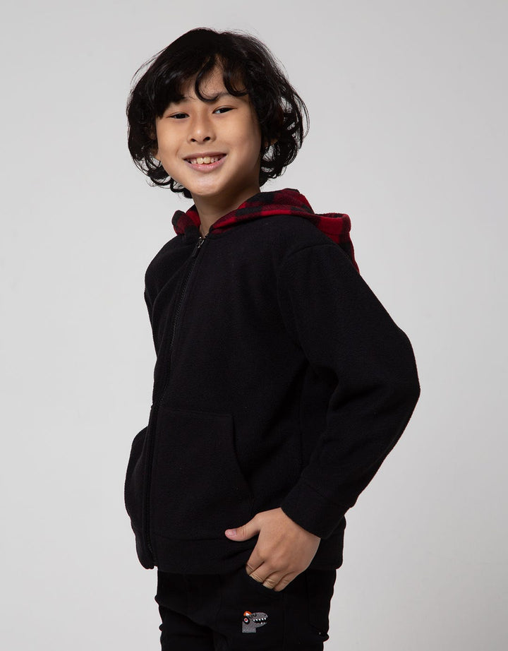 Little M Solid Checked Fleece Jacket