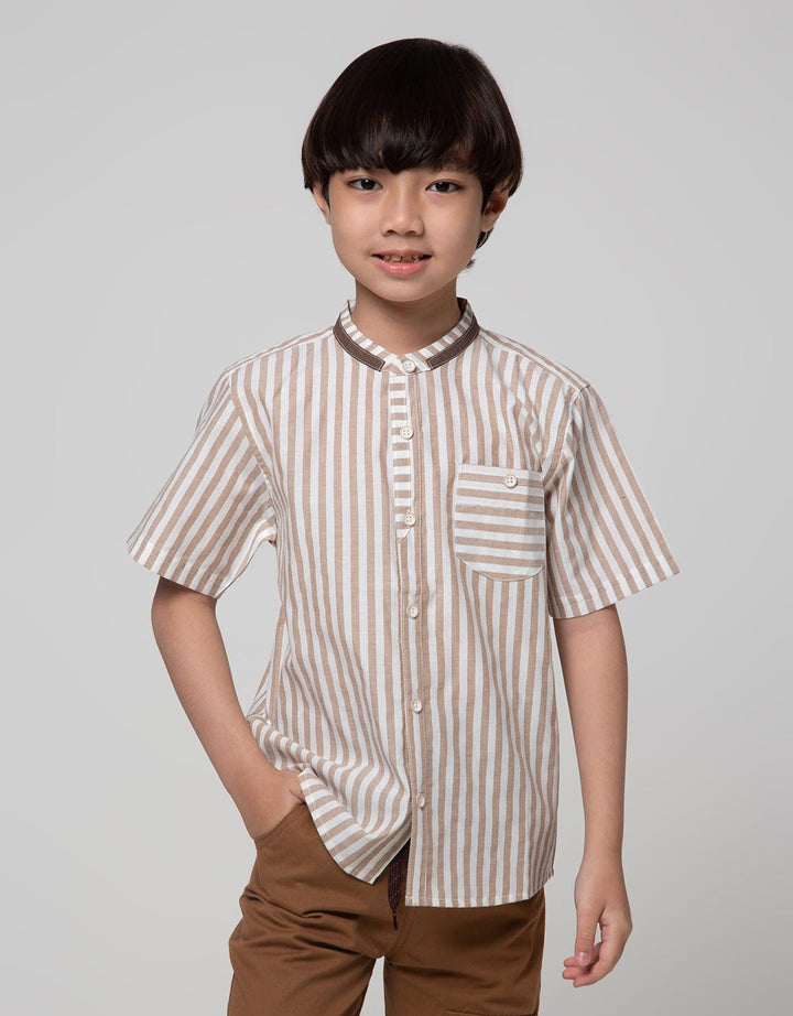Little M Short Sleeve Kemeja Koko Casual Stripe Oxford Slub