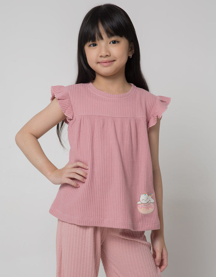 Little M Waffle Cat Print Kaos Anak Perempuan