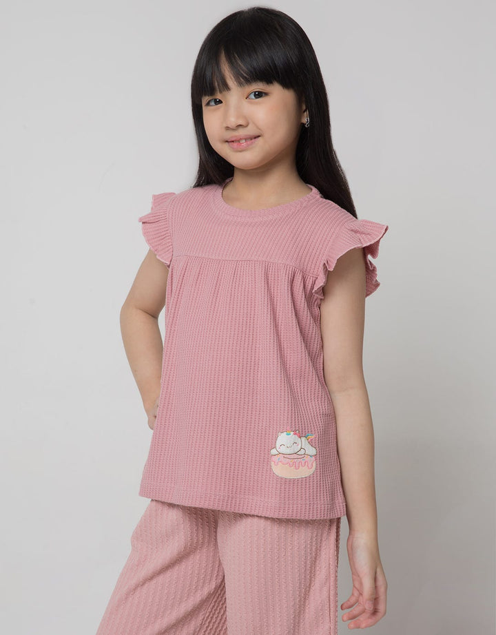 Little M Waffle Cat Print Kaos Anak Perempuan