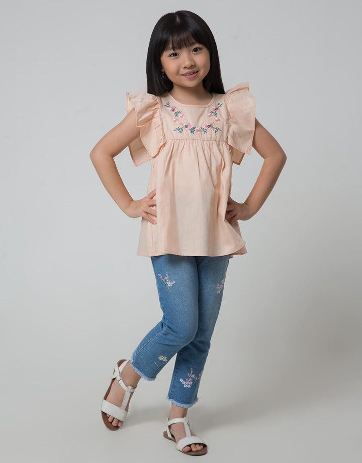 Little M Short Sleeve Blouse Miniribs Ruffle Bordir