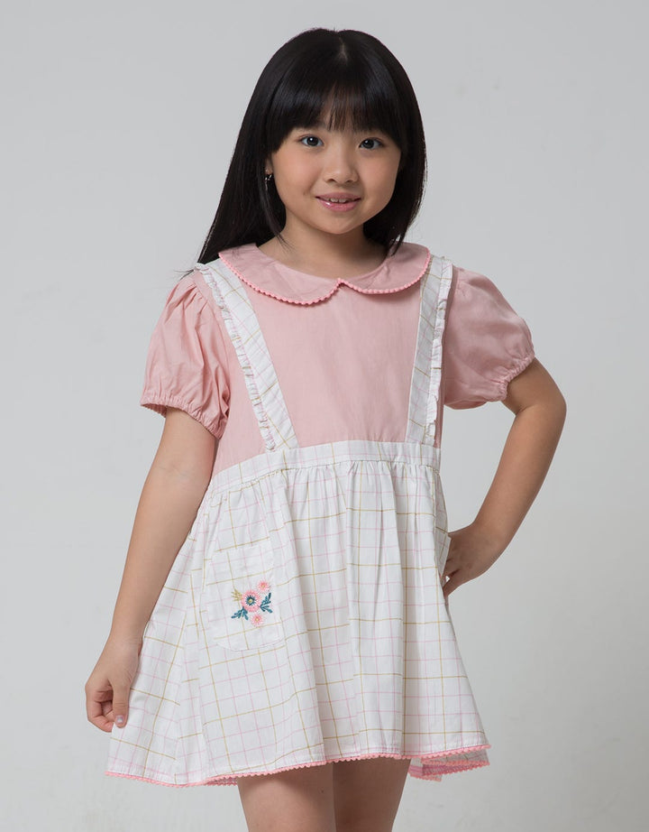 Little M Short Sleeve Midi Dress Overall Kantong Bordir