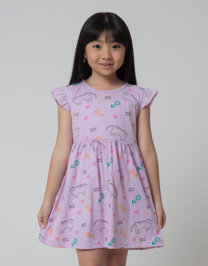 Little M Midi Dress Daily Ruffle Sleeves Full Print Cat Meow