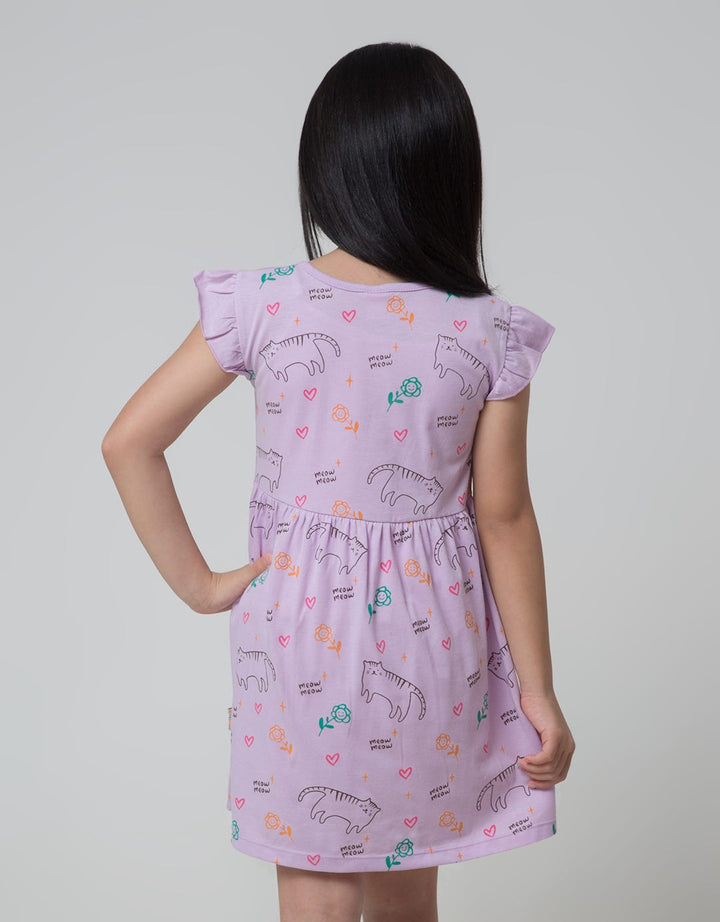Little M Midi Dress Daily Ruffle Sleeves Full Print Cat Meow