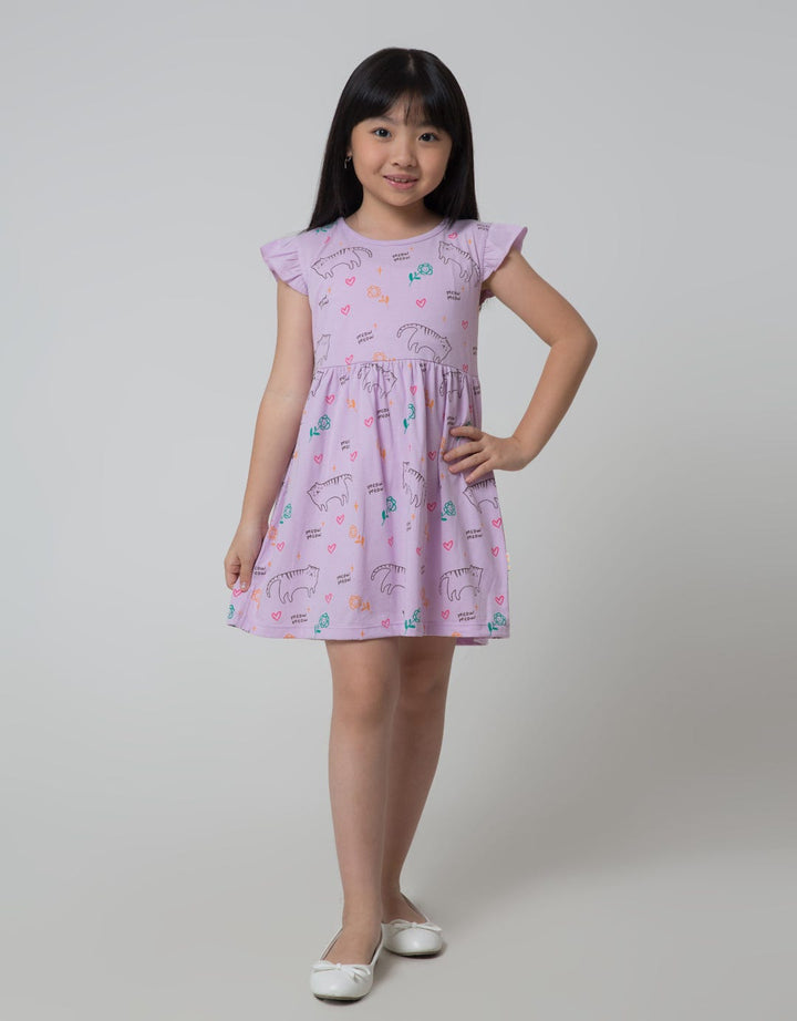 Little M Midi Dress Daily Ruffle Sleeves Full Print Cat Meow