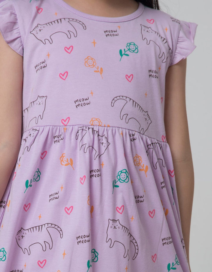 Little M Midi Dress Daily Ruffle Sleeves Full Print Cat Meow