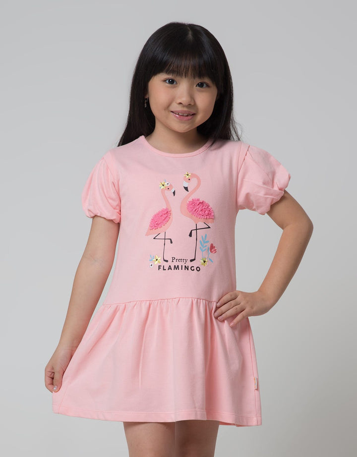 Little M Short Sleeve Midi Dress Ballon Sleeves Embro Flamingo