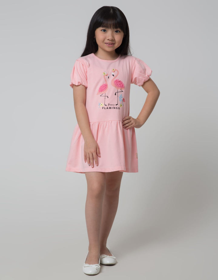 Little M Short Sleeve Midi Dress Ballon Sleeves Embro Flamingo