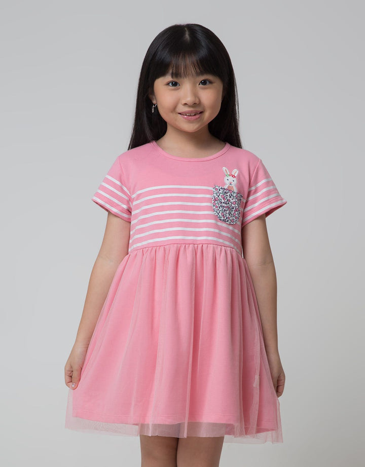 Little M Short Sleeve Midi Dress Stripe Kantong Bunny Tile