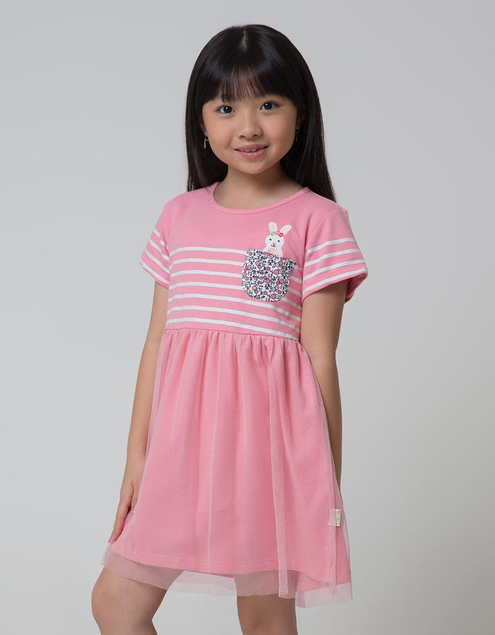 Little M Short Sleeve Midi Dress Stripe Kantong Bunny Tile