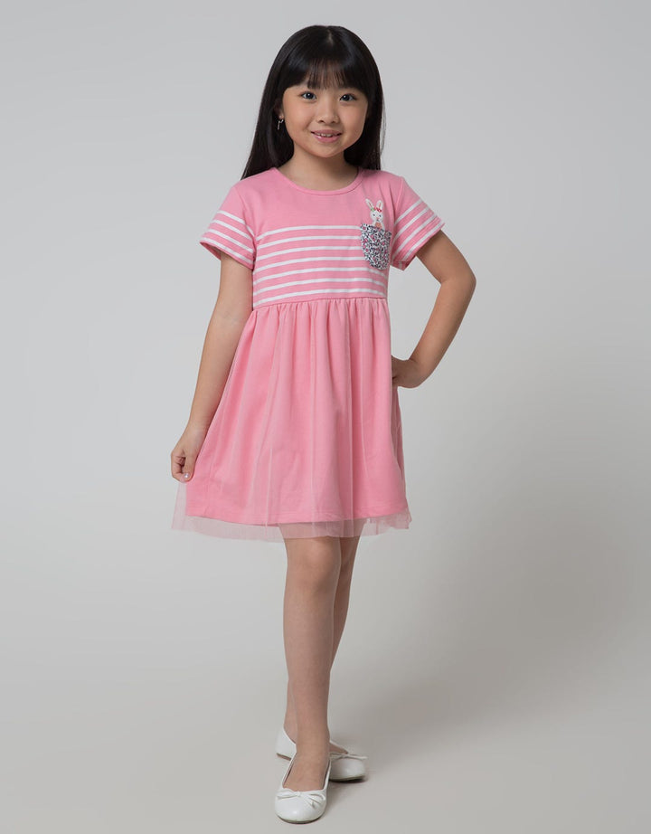 Little M Short Sleeve Midi Dress Stripe Kantong Bunny Tile