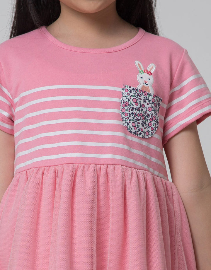 Little M Short Sleeve Midi Dress Stripe Kantong Bunny Tile