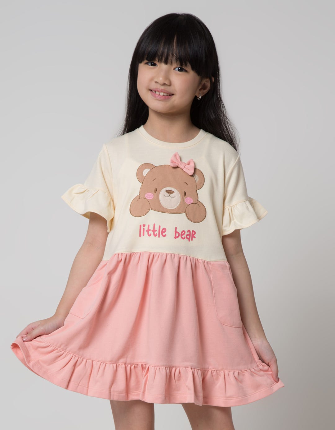 Little M Short Sleeve Midi Dress 2Tone Aplikasi Bear
