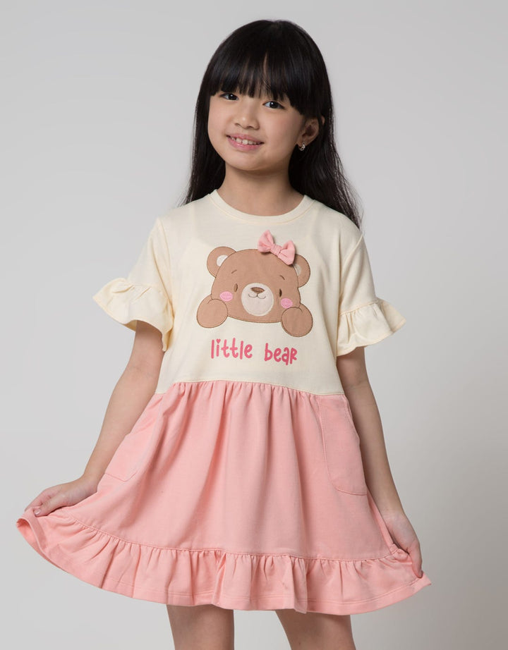 Little M Short Sleeve Midi Dress 2Tone Aplikasi Bear