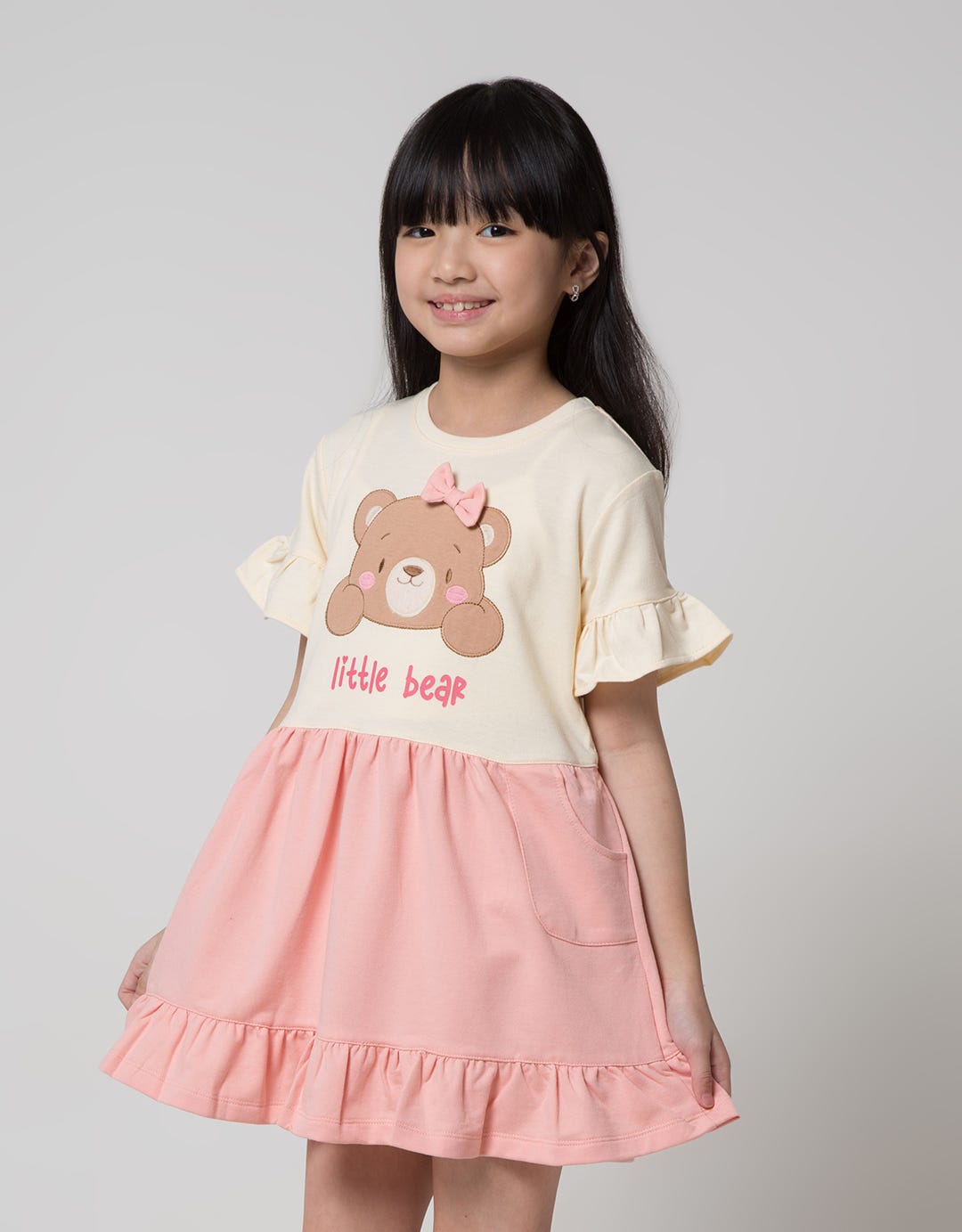 Little M Short Sleeve Midi Dress 2Tone Aplikasi Bear