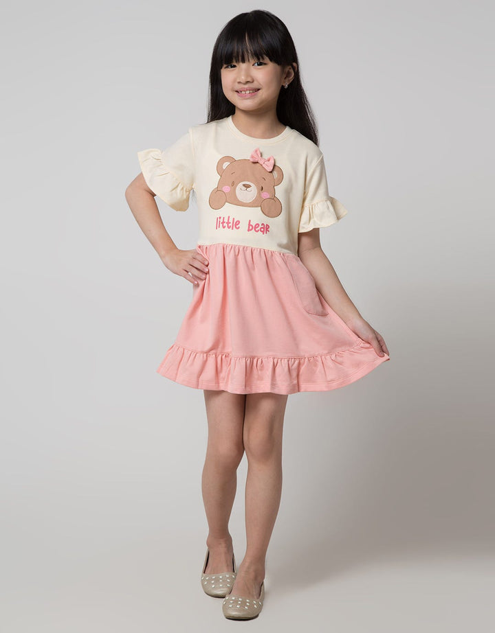 Little M Short Sleeve Midi Dress 2Tone Aplikasi Bear