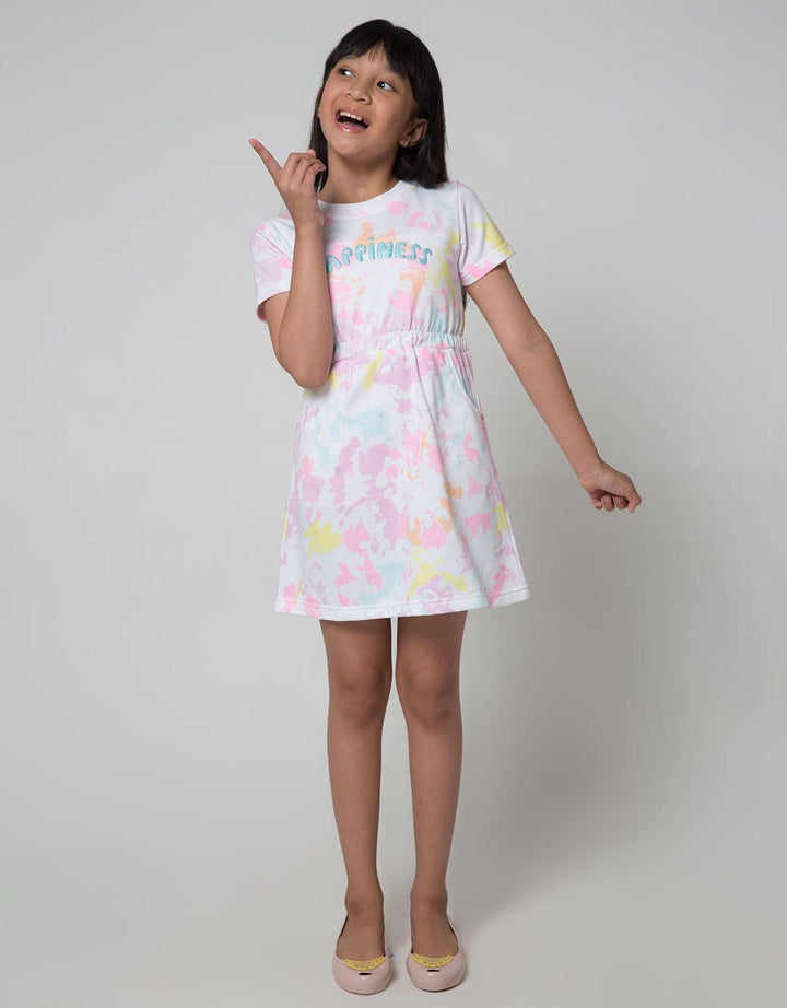 Little M Short Sleeve Midi Dress Full Print Tie Dye Happiness