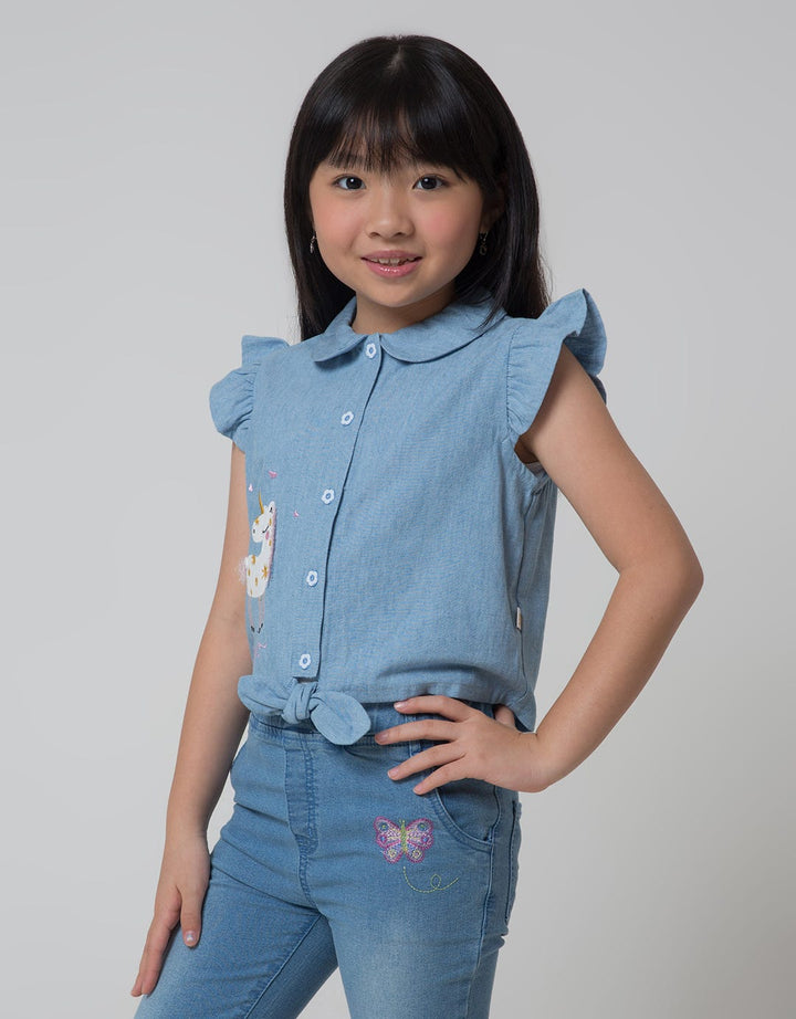 Little M Short Sleeve Blouse Chambray Unicorn Tie Down
