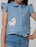 Little M Short Sleeve Blouse Chambray Unicorn Ikat Bawah