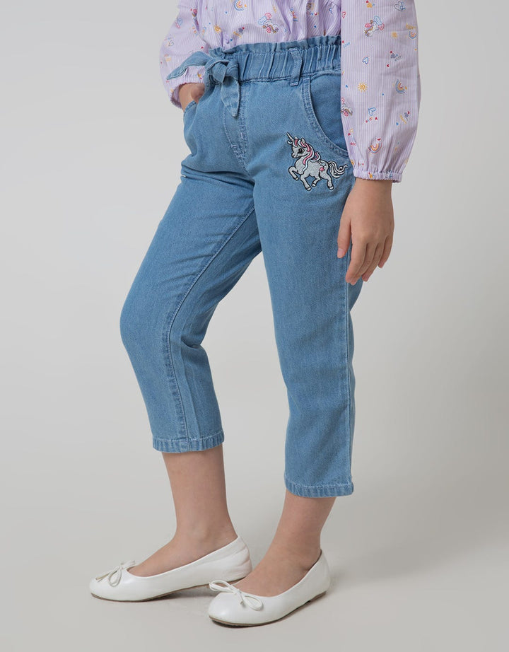 Little M Unicorn Embroidery Girls Denim Pants