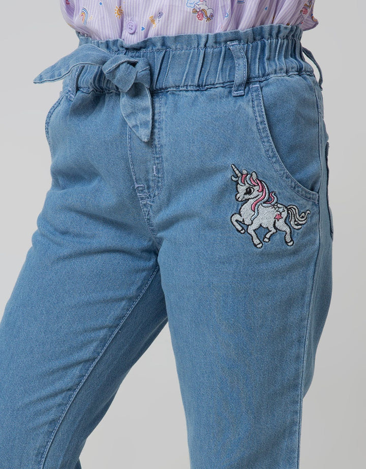 Little M Unicorn Embroidery Girls Denim Pants