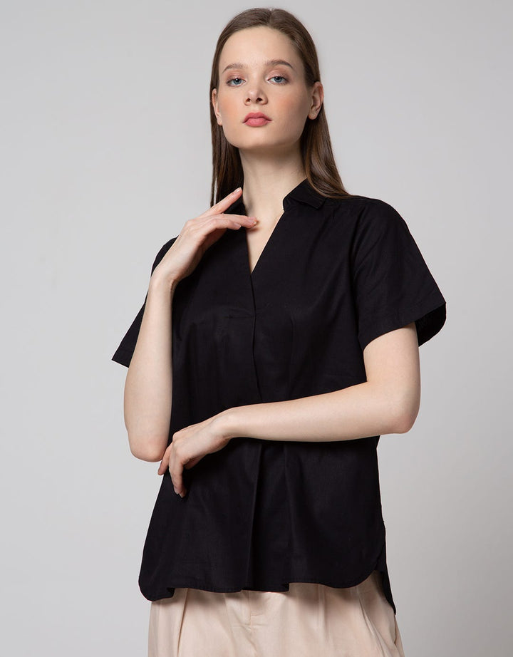 Details Short Sleeve Shirt With V Neck Collar
