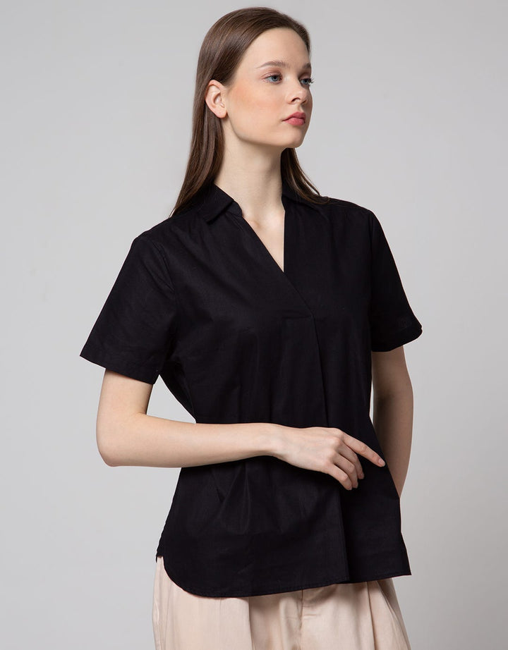 Details Short Sleeve Shirt With V Neck Collar