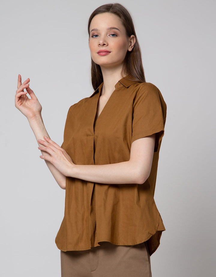 Details Short Sleeve Shirt With V Neck Collar