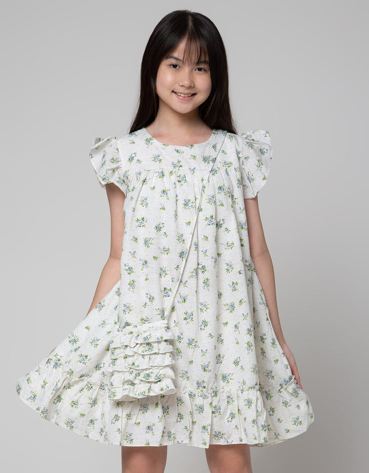 Sweet Miss Short Sleeve Midi Dress Fullprint Flower Babydoll Hands Swipe Side Bag